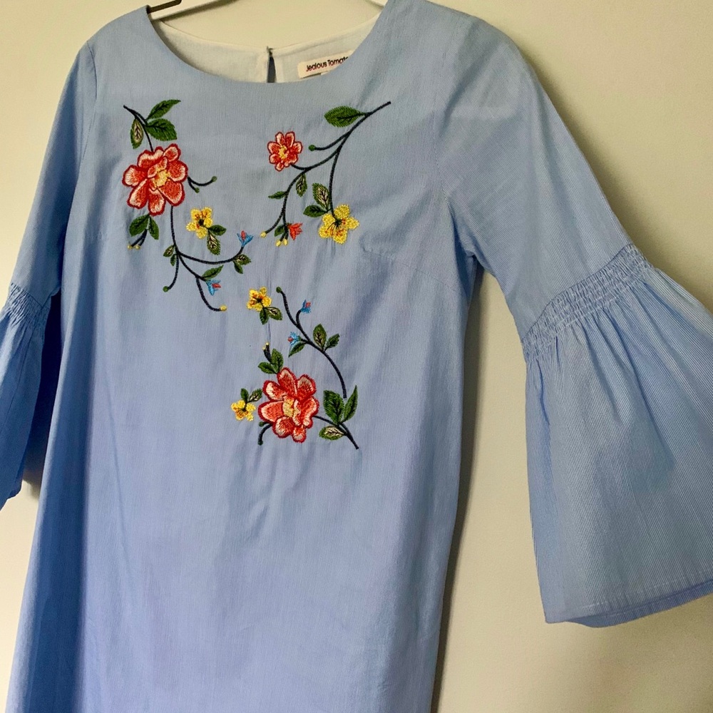 Embroidered Floral Dress Flare sleeve Blue Stripes